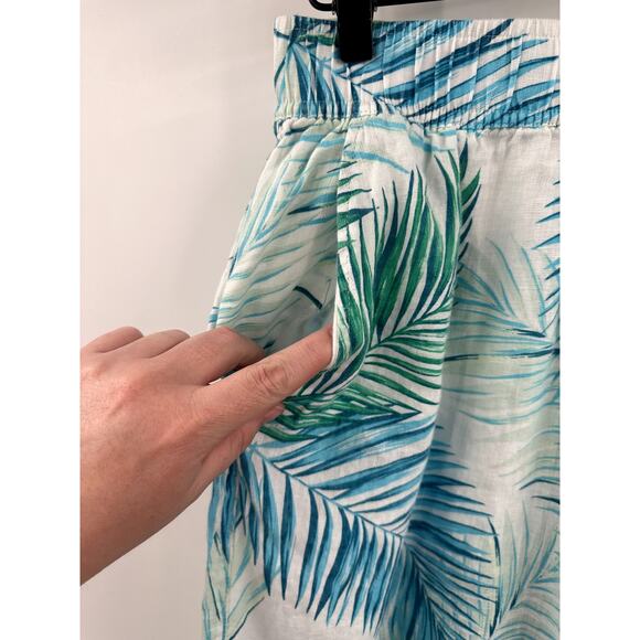 Tahari 100% Linen Blue & Green Tropical Palm Leave Wide Leg Crop Pull On Pant L - Picture 4 of 5
